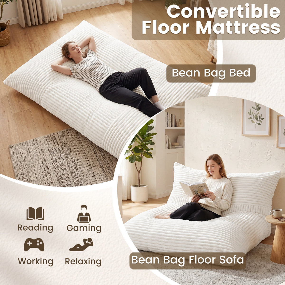 Convertible Bean Bag Floor Sofa, Machine-Washable Corduroy - 76.5 inch, Beige