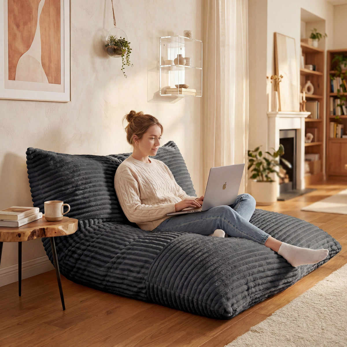 Convertible Bean Bag Floor Sofa, 76.5", Dark Gray