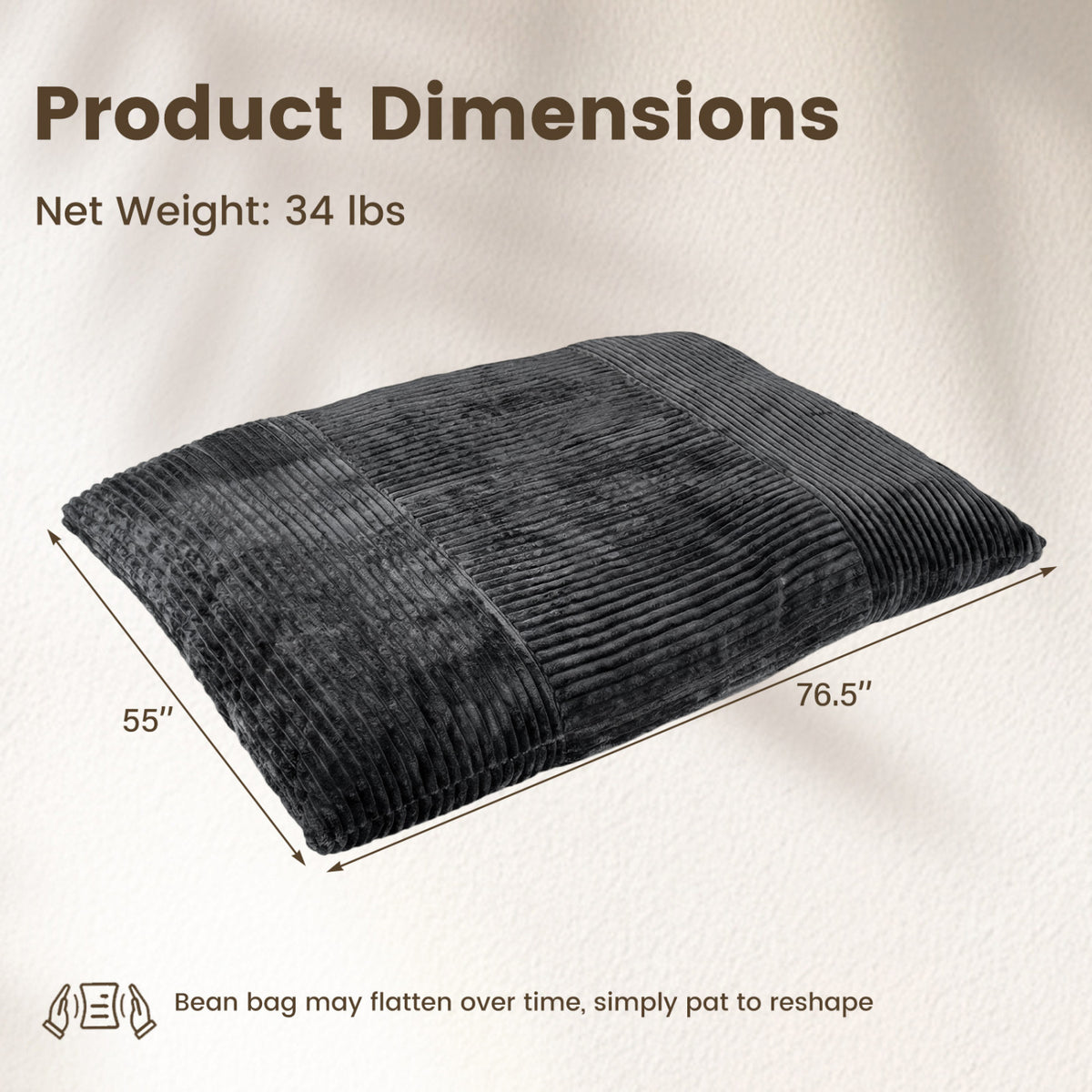 Convertible Bean Bag Floor Sofa, 76.5", Dark Gray