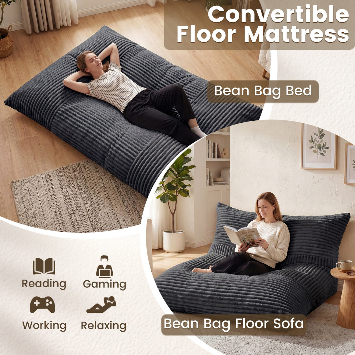 Convertible Bean Bag Floor Sofa, 76.5", Dark Gray