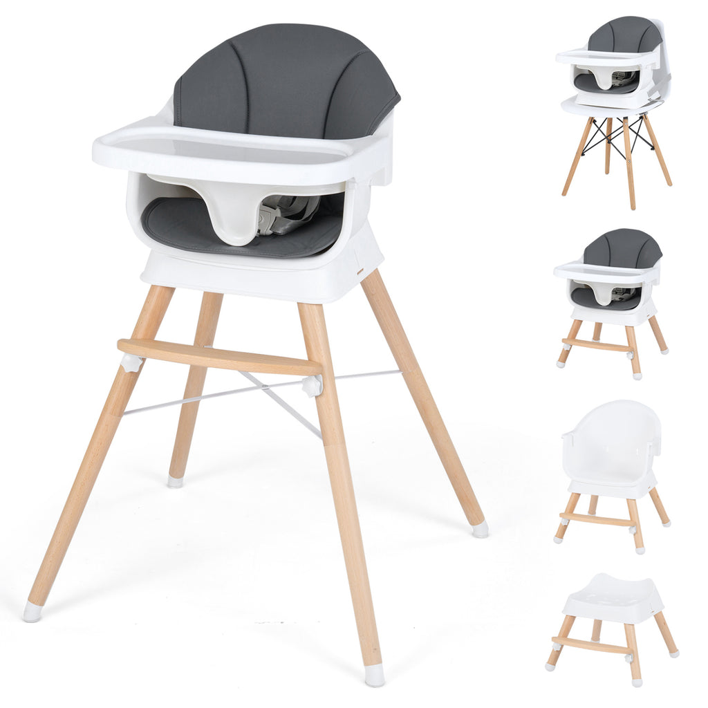 Gray Convertible Baby High Chair with Adjustable Tray and Safety Straps - Solid Wood