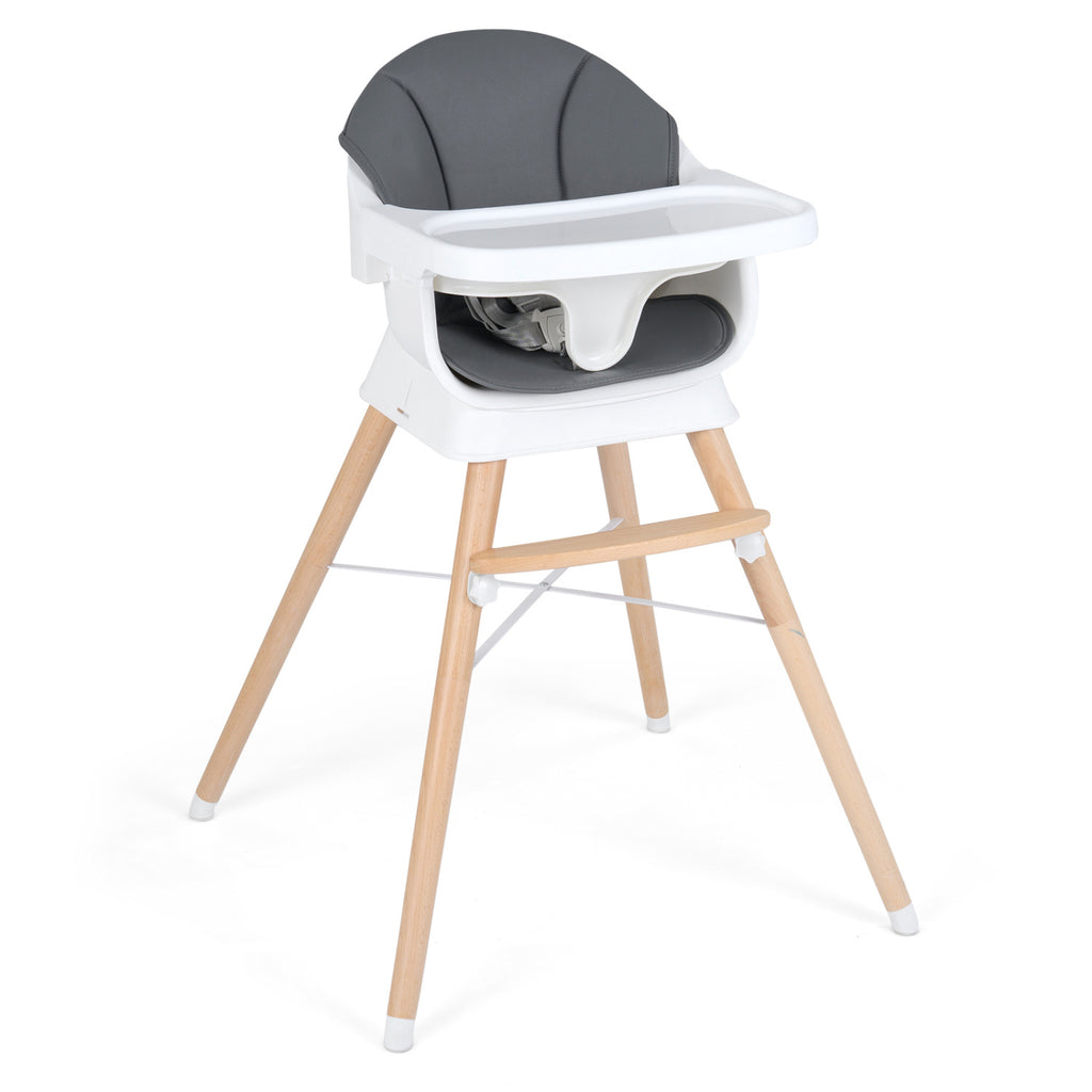 Gray Convertible Baby High Chair with Adjustable Tray and Safety Straps - Solid Wood