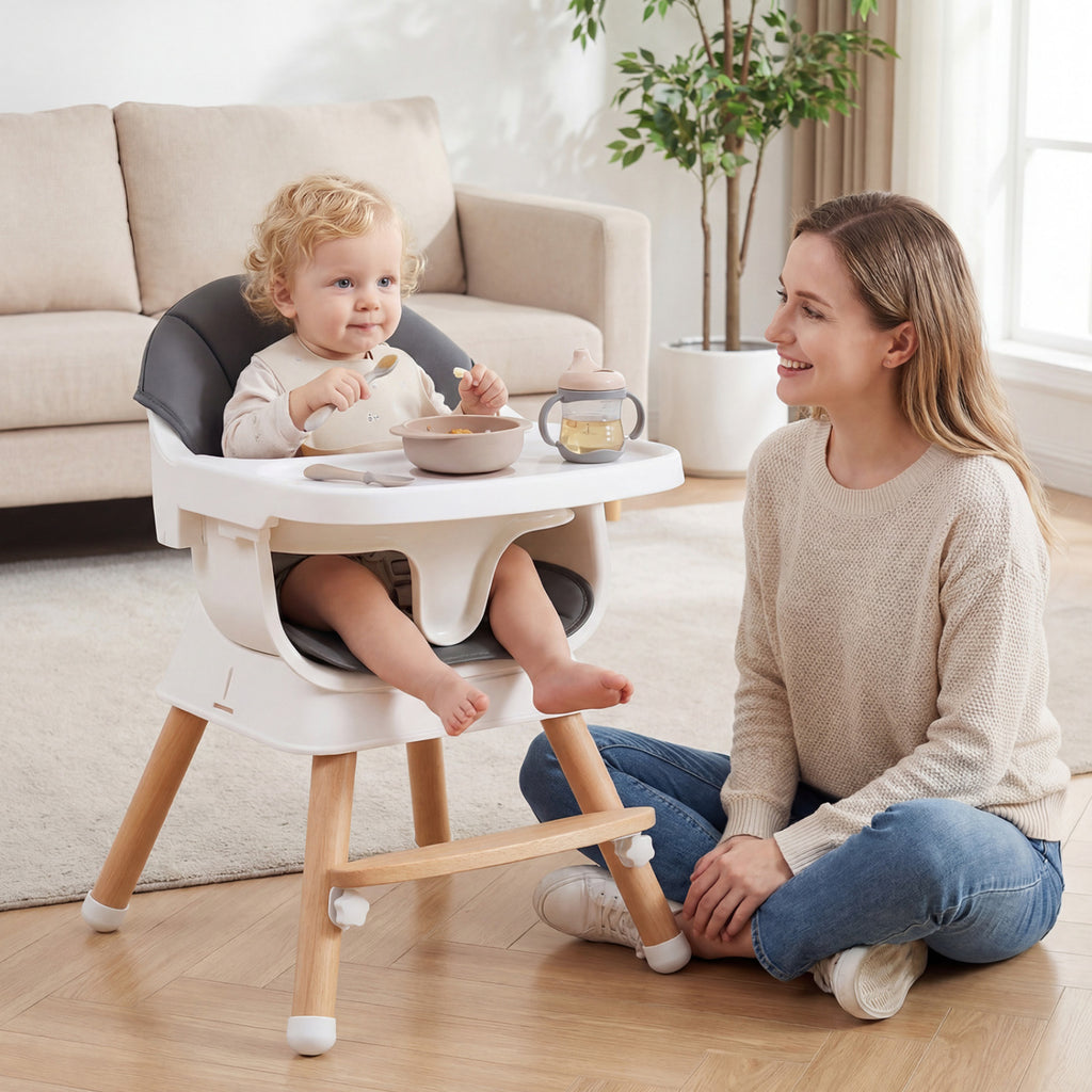 Gray Convertible Baby High Chair with Adjustable Tray and Safety Straps - Solid Wood