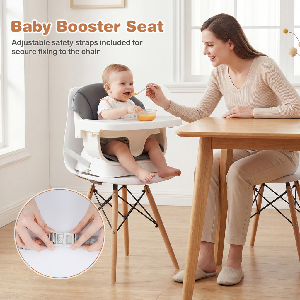 Gray Convertible Baby High Chair with Adjustable Tray and Safety Straps - Solid Wood