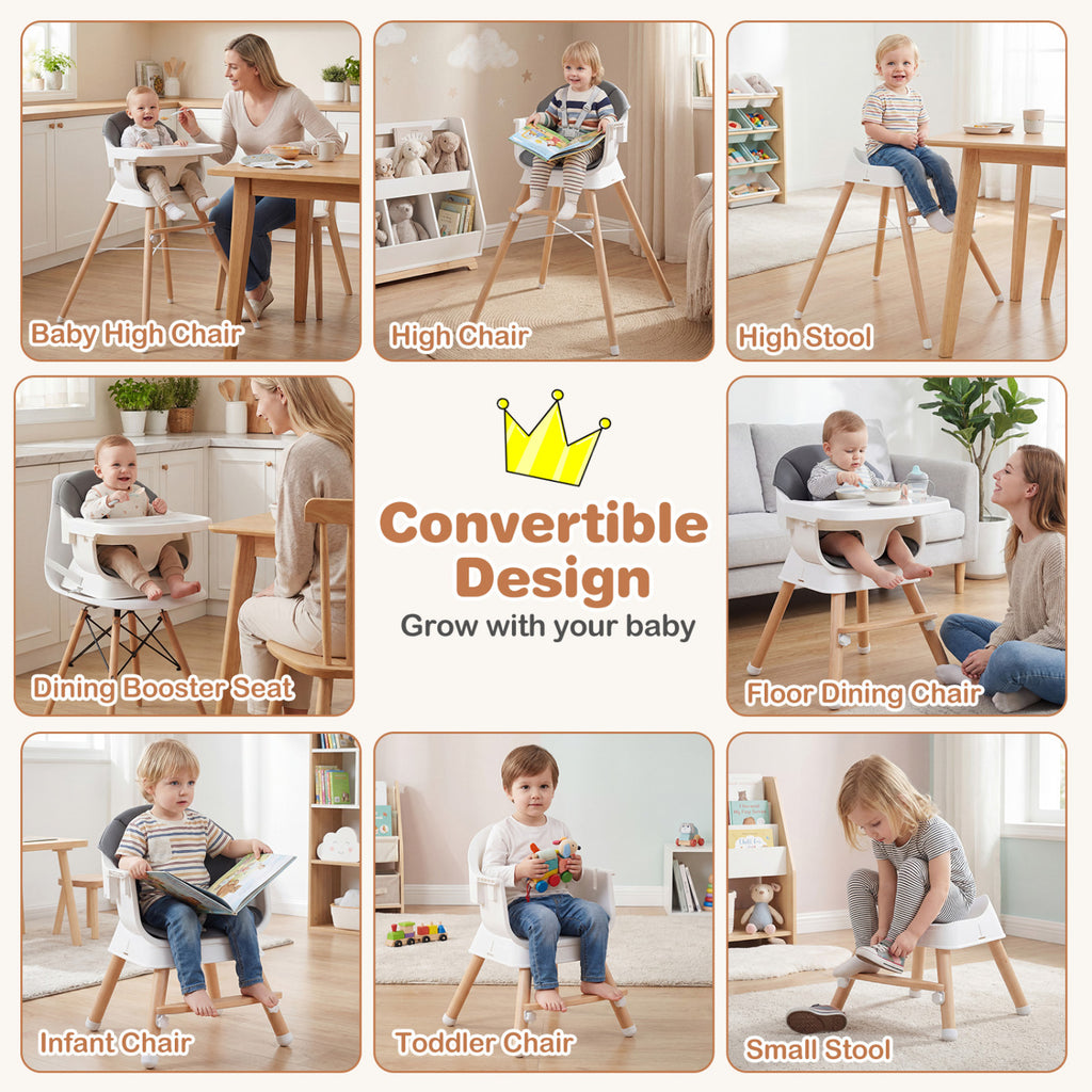 Gray Convertible Baby High Chair with Adjustable Tray and Safety Straps - Solid Wood