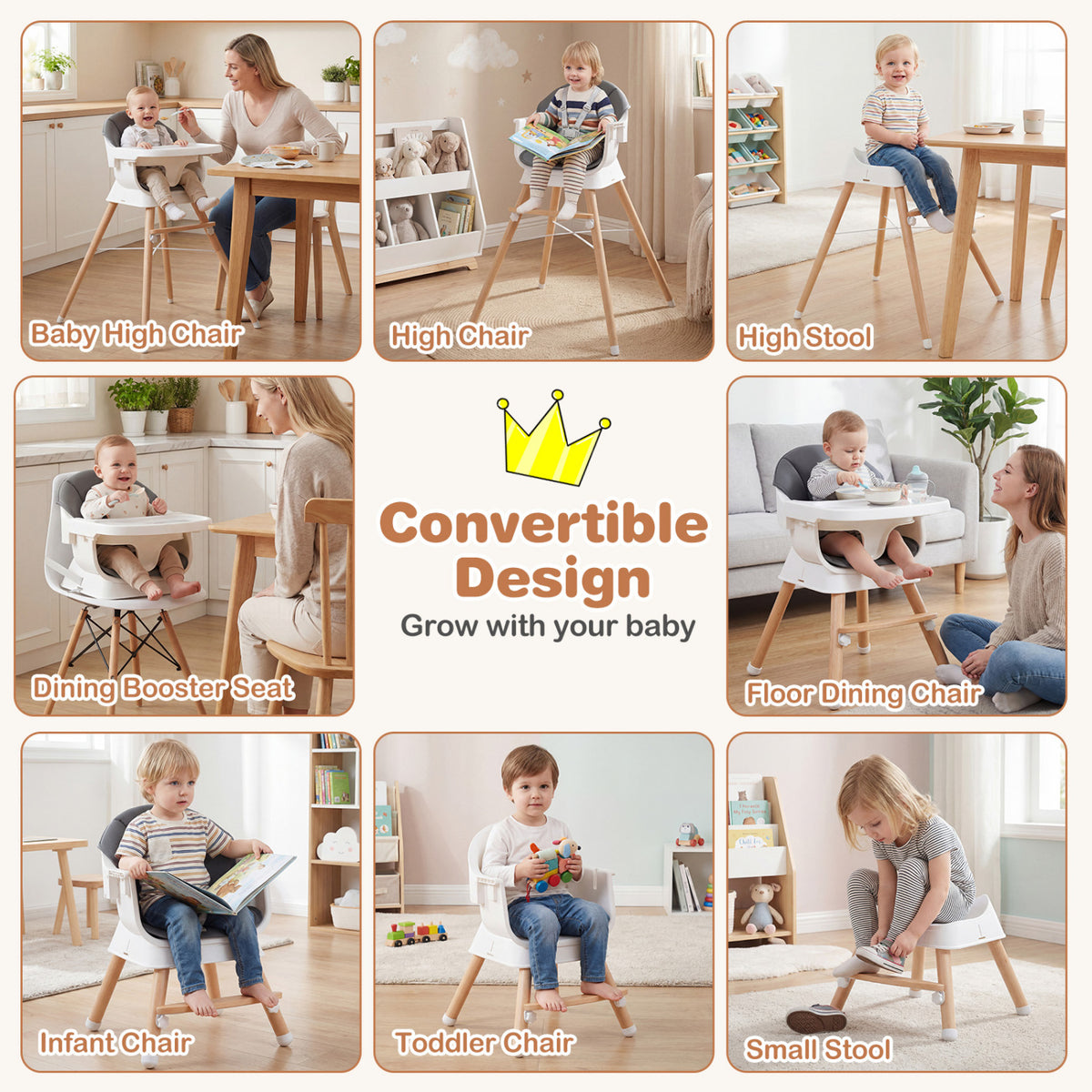 Gray Convertible Baby High Chair with Adjustable Tray and Safety Straps - Solid Wood