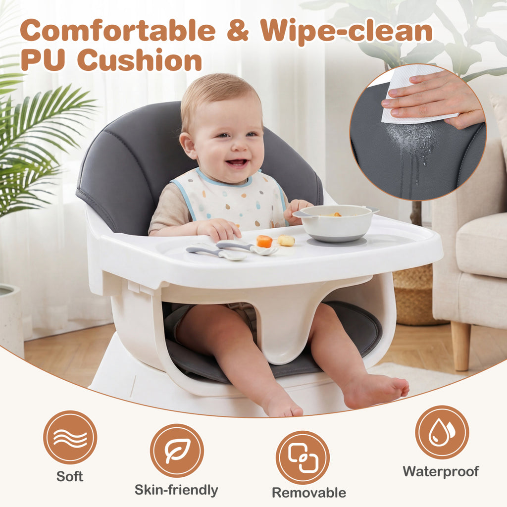 Gray Convertible Baby High Chair with Adjustable Tray and Safety Straps - Solid Wood