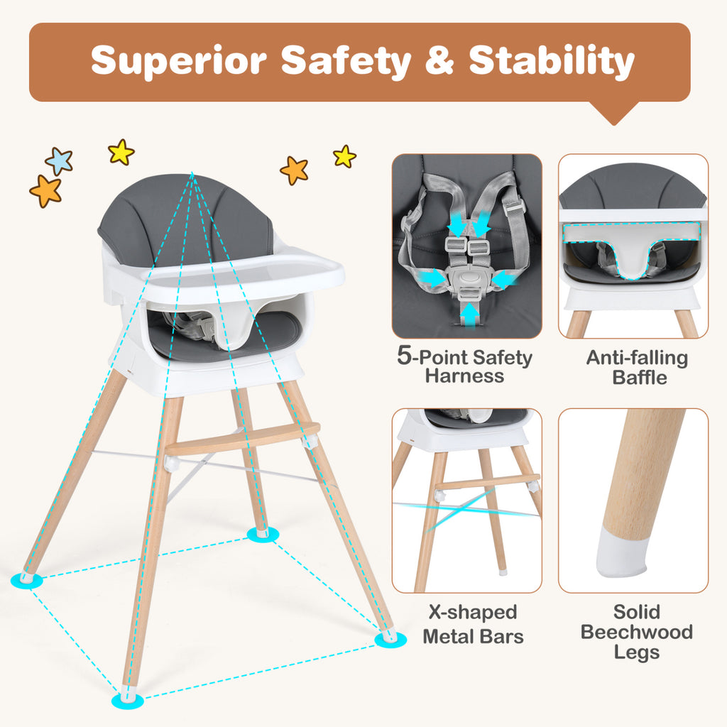 Gray Convertible Baby High Chair with Adjustable Tray and Safety Straps - Solid Wood