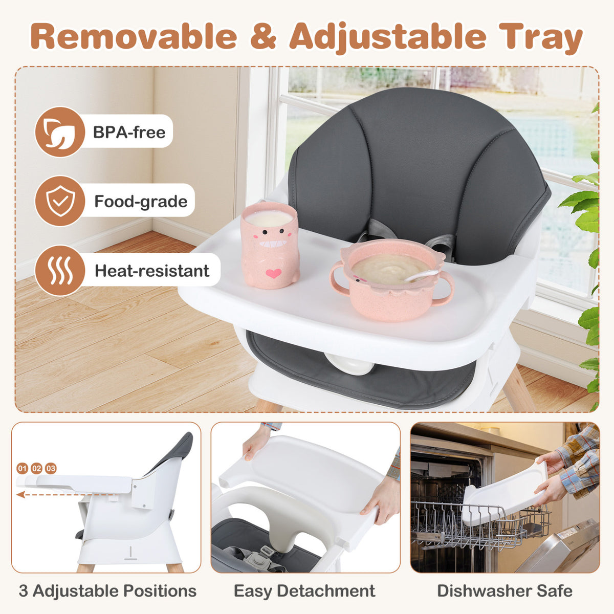 Gray Convertible Baby High Chair with Adjustable Tray and Safety Straps - Solid Wood