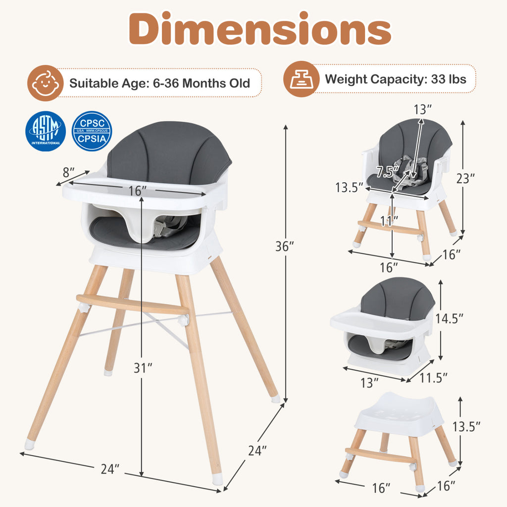 Gray Convertible Baby High Chair with Adjustable Tray and Safety Straps - Solid Wood