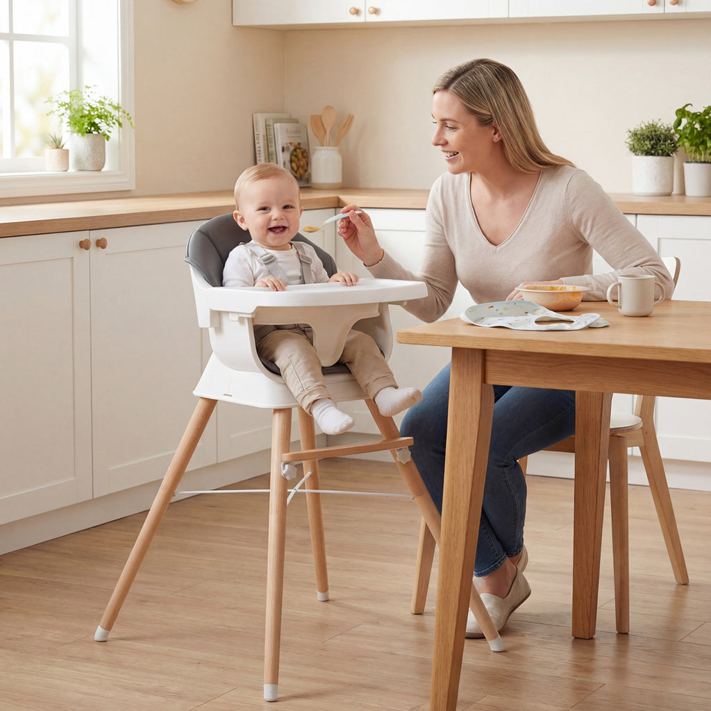 Gray Convertible Baby High Chair with Adjustable Tray and Safety Straps - Solid Wood