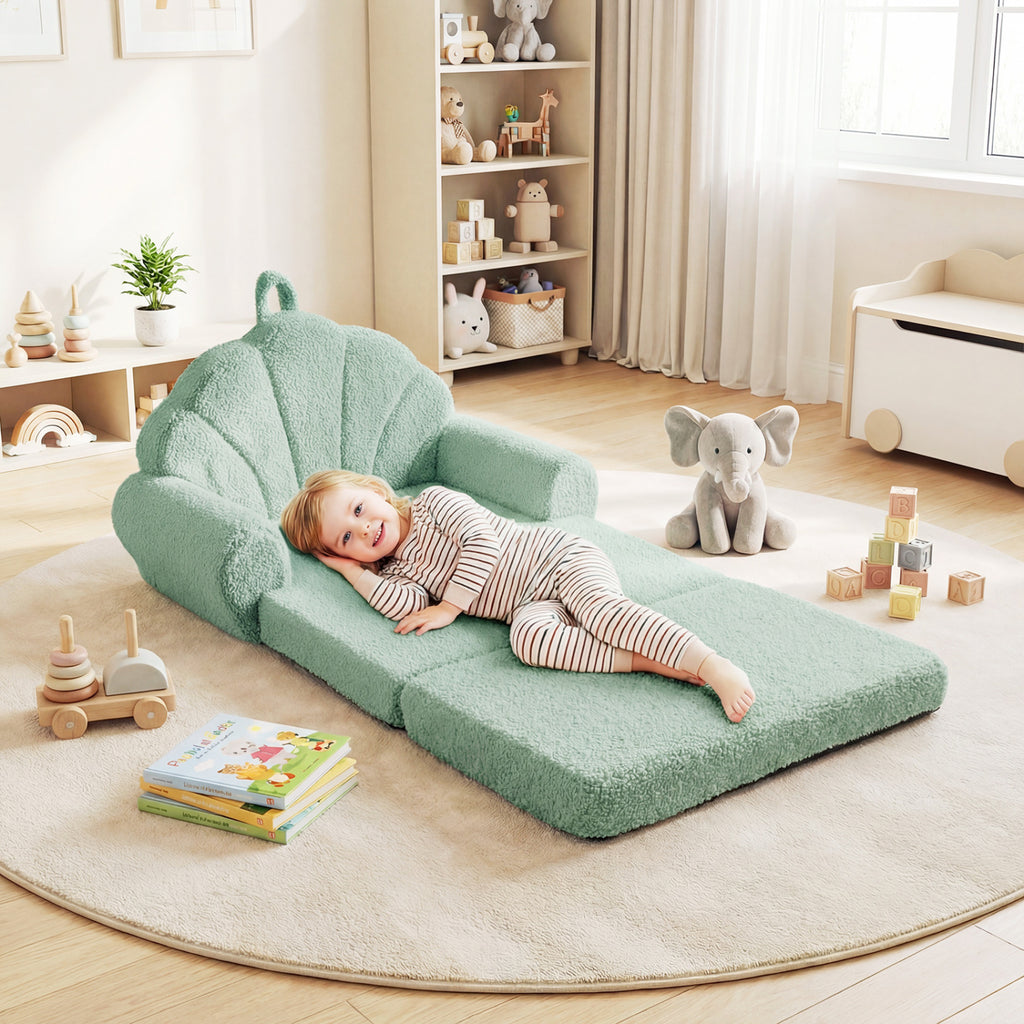 Kids Convertible Sofa Bed with Teddy Fleece Fabric - Green, 2-in-1 Toddler Couch & Lounge Chair