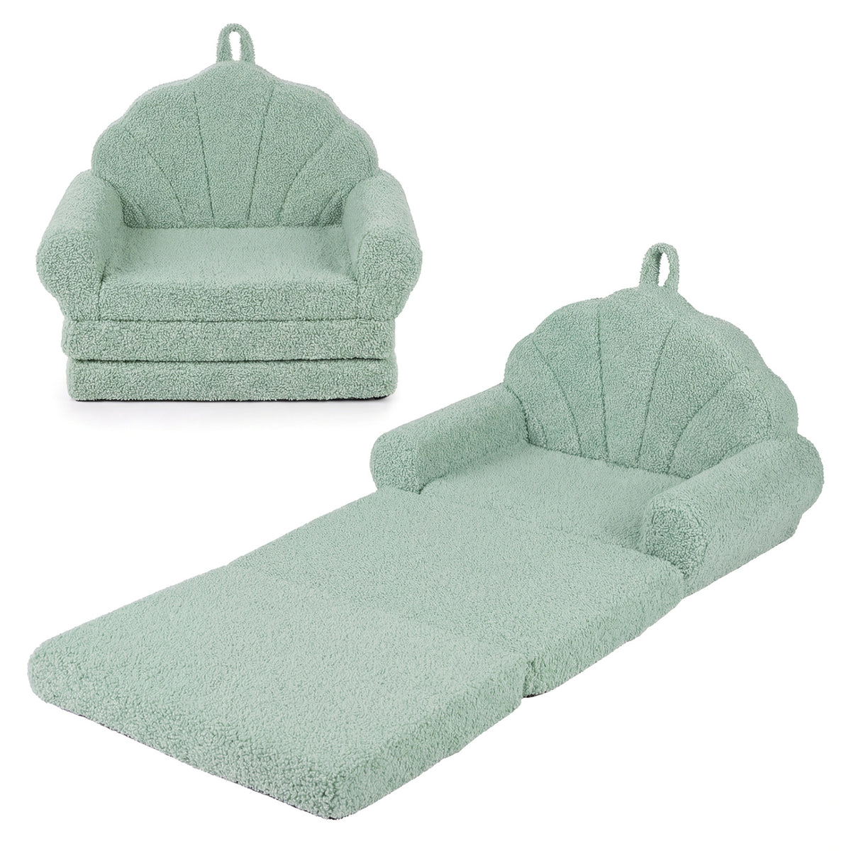 Kids Convertible Sofa Bed with Teddy Fleece Fabric - Green, 2-in-1 Toddler Couch & Lounge Chair