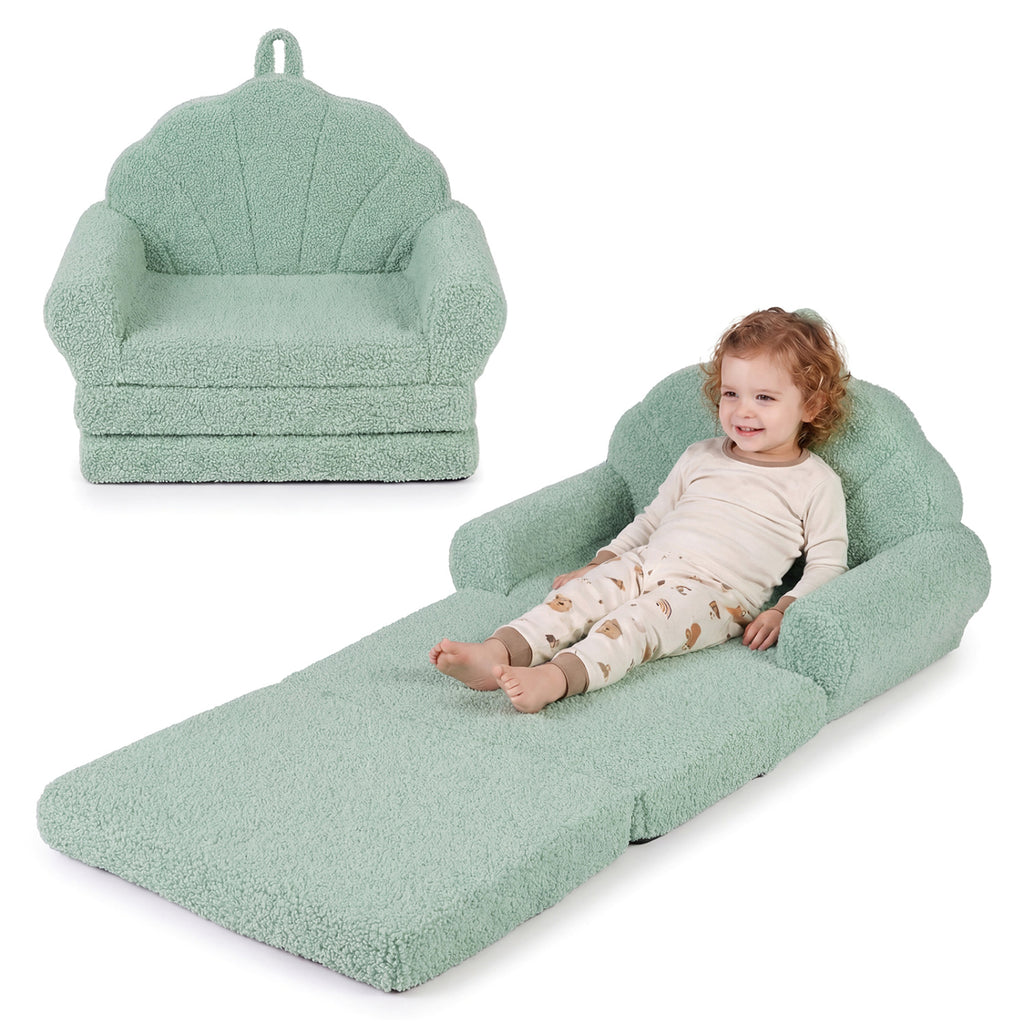 Kids Convertible Sofa Bed with Teddy Fleece Fabric - Green, 2-in-1 Toddler Couch & Lounge Chair