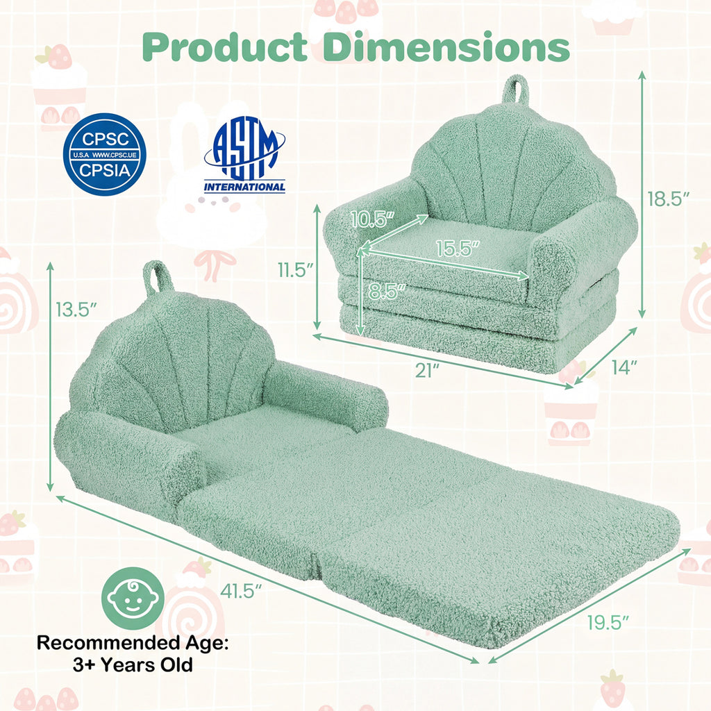 Kids Convertible Sofa Bed with Teddy Fleece Fabric - Green, 2-in-1 Toddler Couch & Lounge Chair