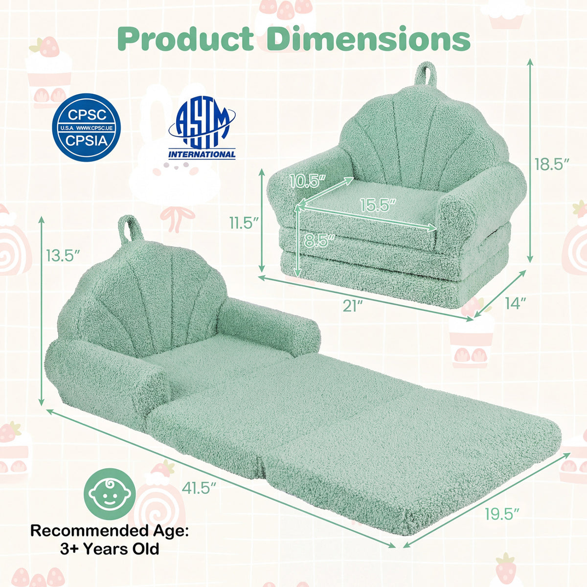 Kids Convertible Sofa Bed with Teddy Fleece Fabric - Green, 2-in-1 Toddler Couch & Lounge Chair