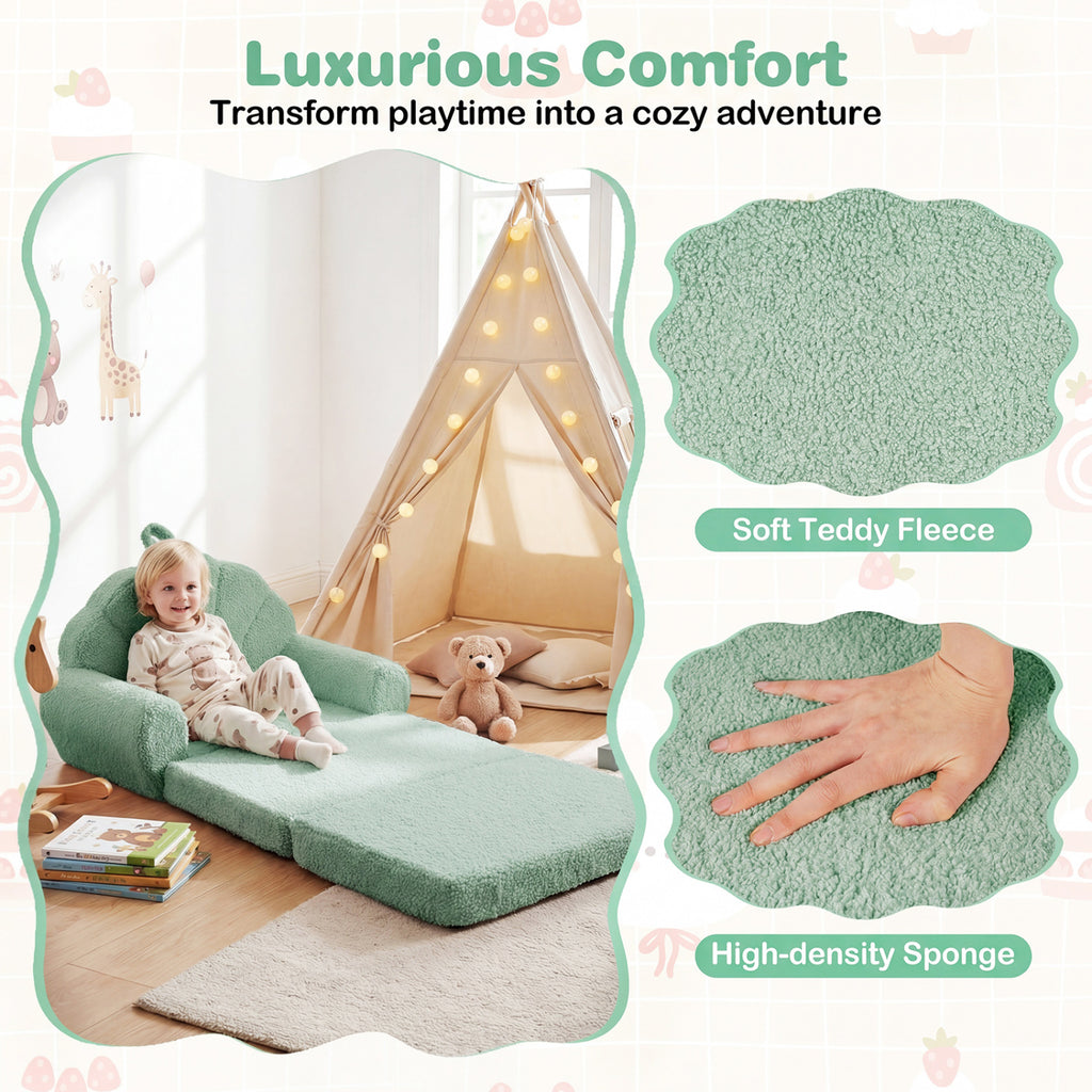 Kids Convertible Sofa Bed with Teddy Fleece Fabric - Green, 2-in-1 Toddler Couch & Lounge Chair