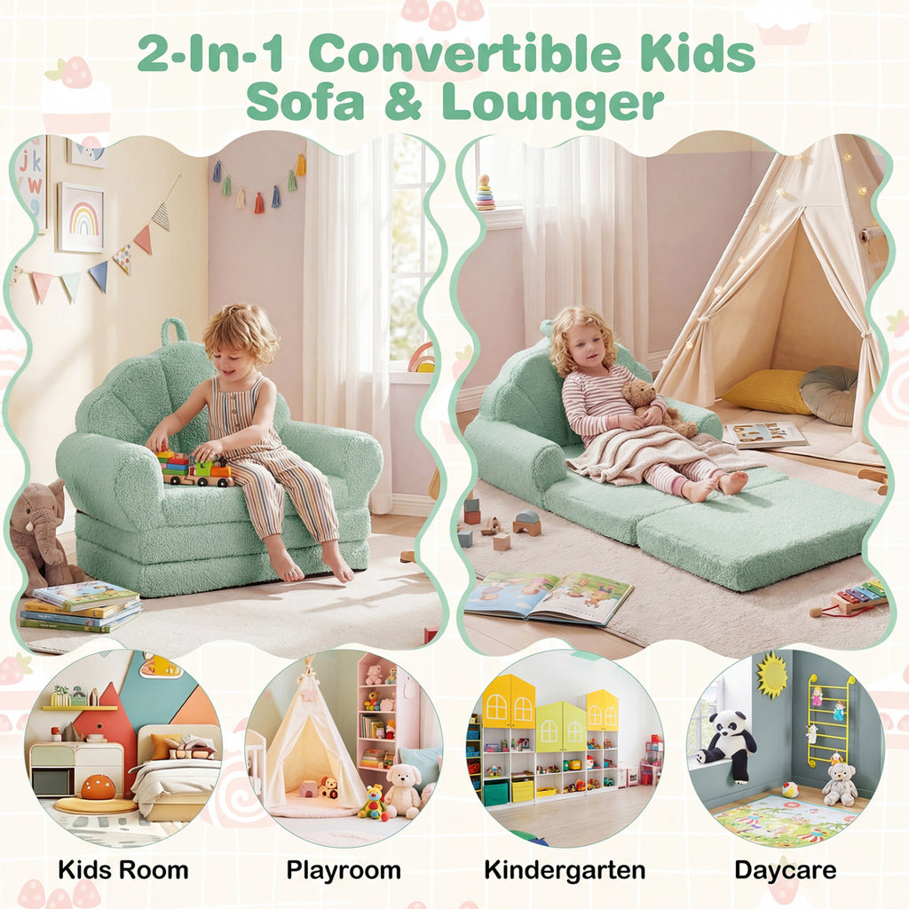 Kids Convertible Sofa Bed with Teddy Fleece Fabric - Green, 2-in-1 Toddler Couch & Lounge Chair