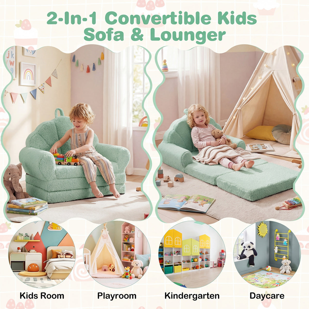 Kids Convertible Sofa Bed with Teddy Fleece Fabric - Green, 2-in-1 Toddler Couch & Lounge Chair