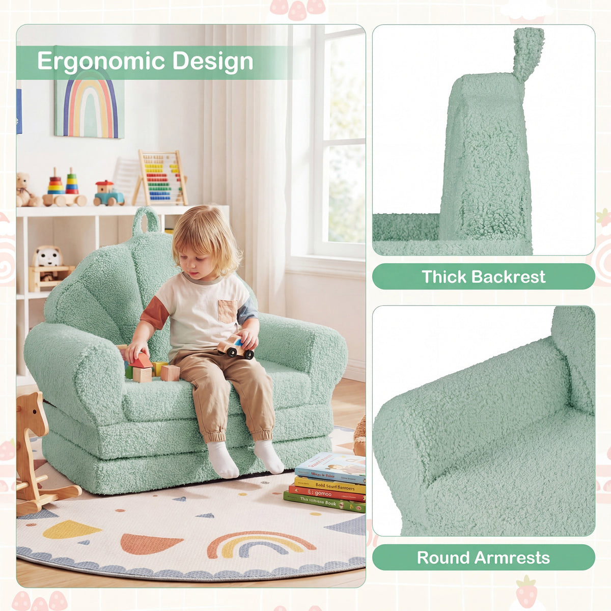 Kids Convertible Sofa Bed with Teddy Fleece Fabric - Green, 2-in-1 Toddler Couch & Lounge Chair