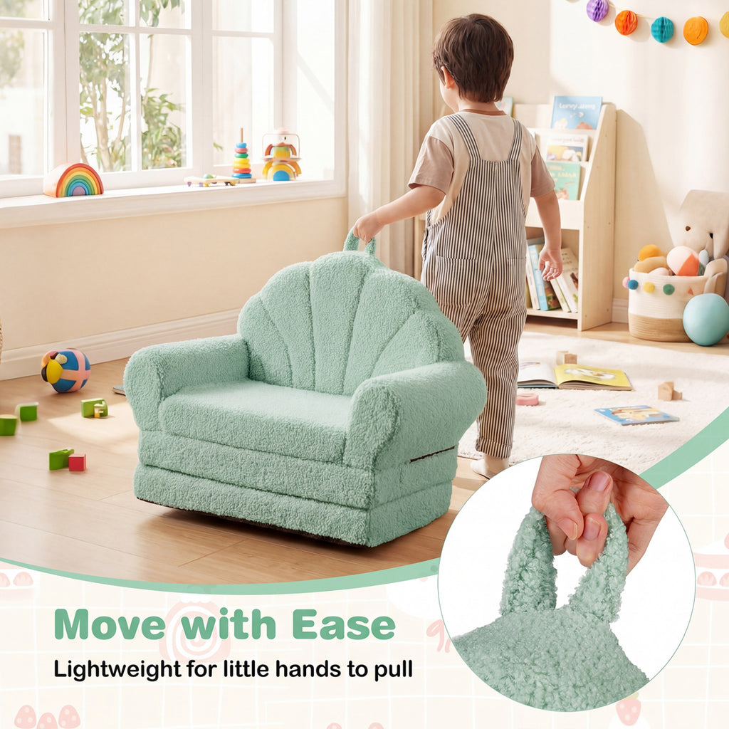 Kids Convertible Sofa Bed with Teddy Fleece Fabric - Green, 2-in-1 Toddler Couch & Lounge Chair