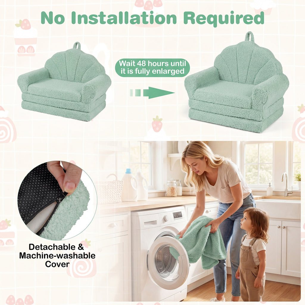 Kids Convertible Sofa Bed with Teddy Fleece Fabric - Green, 2-in-1 Toddler Couch & Lounge Chair