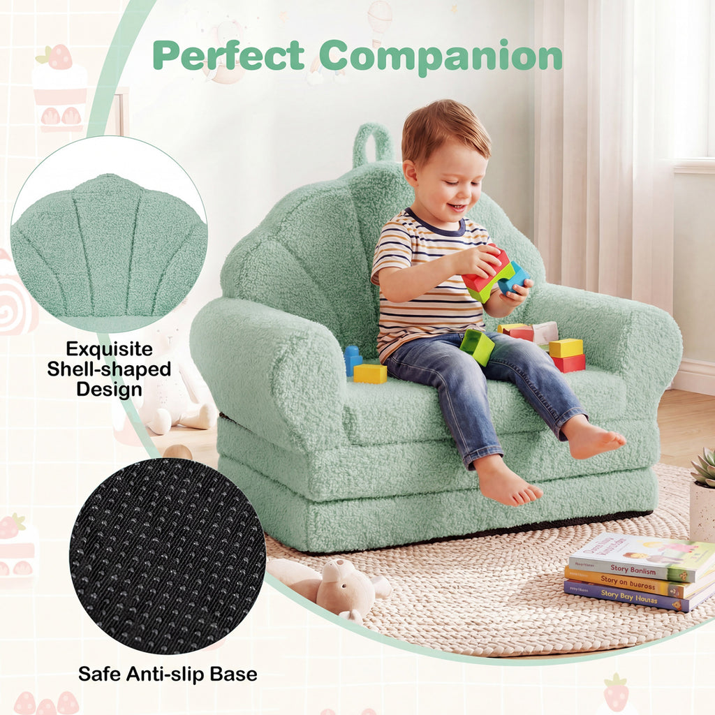 Kids Convertible Sofa Bed with Teddy Fleece Fabric - Green, 2-in-1 Toddler Couch & Lounge Chair