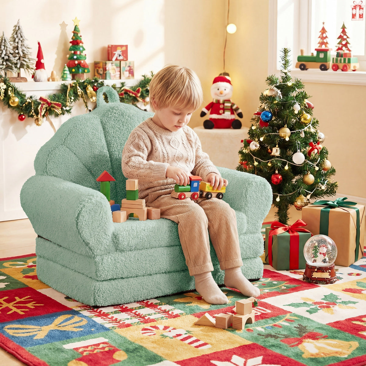 Kids Convertible Sofa Bed with Teddy Fleece Fabric - Green, 2-in-1 Toddler Couch & Lounge Chair
