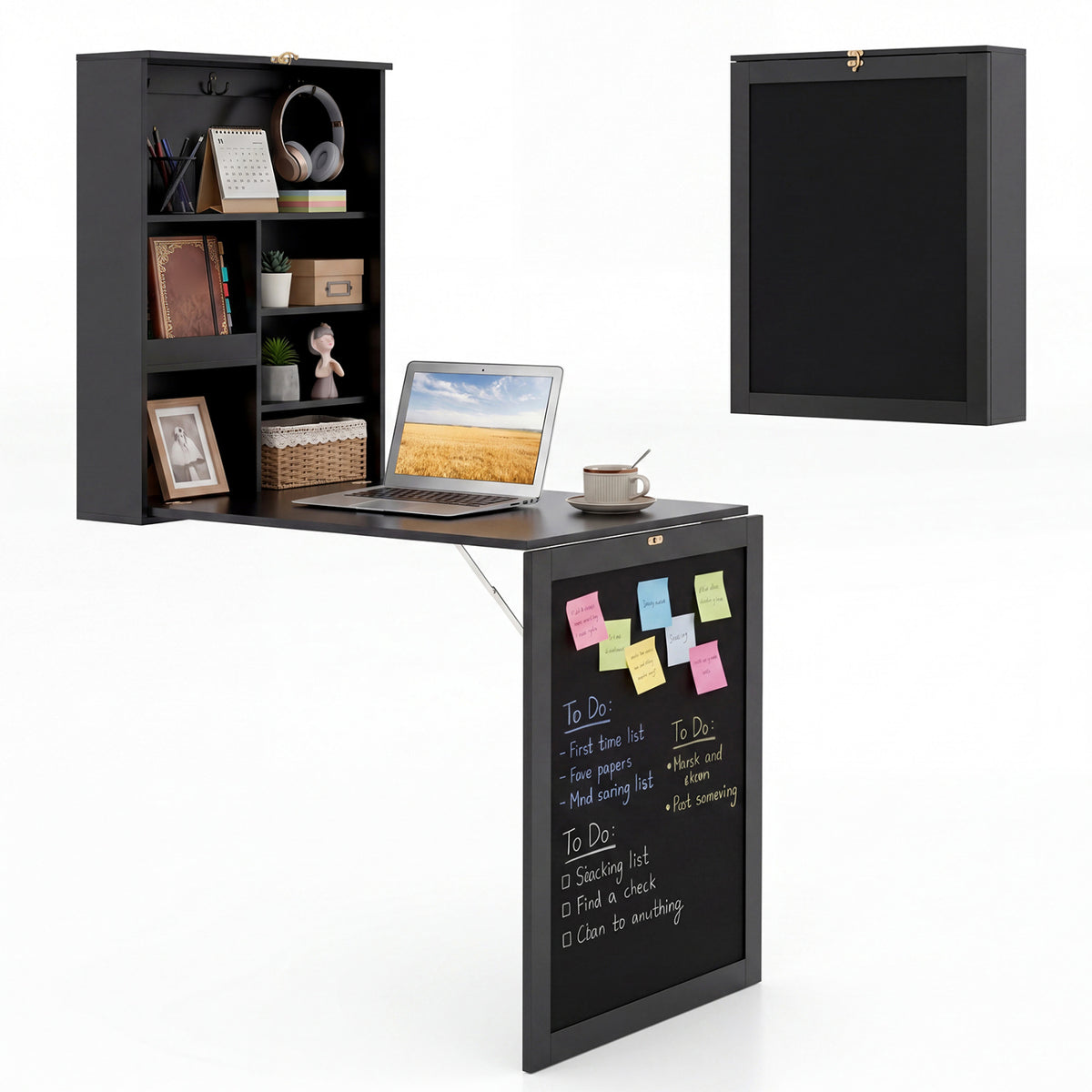 Wall-Mounted Folding Desk with Storage Cubes & Chalkboard - Black