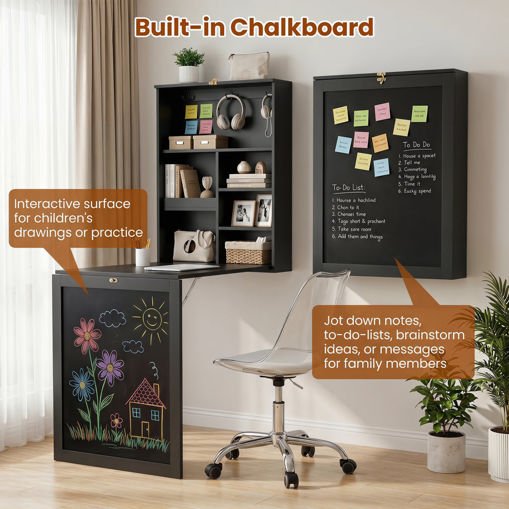 Wall-Mounted Folding Desk with Storage Cubes & Chalkboard - Black