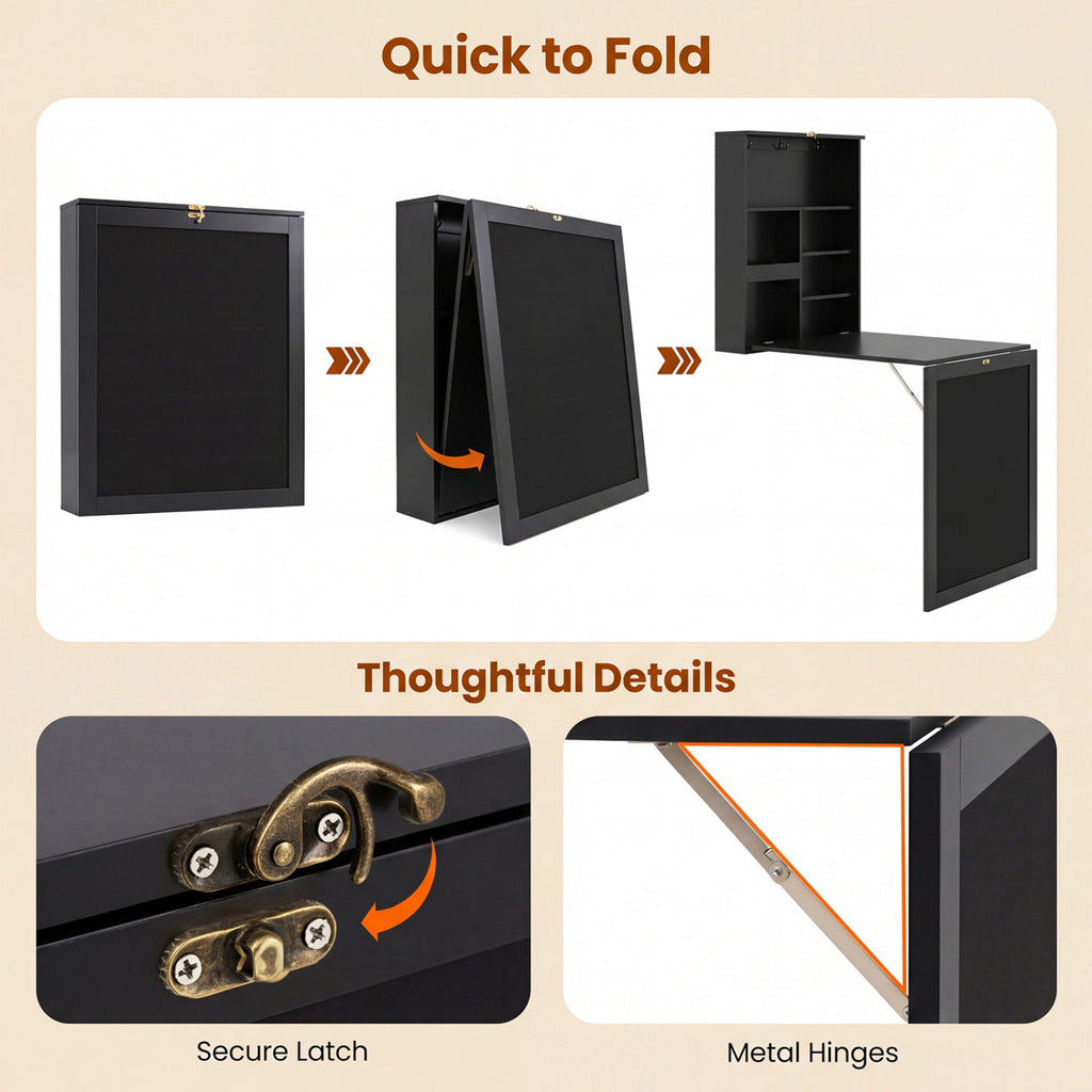 Wall-Mounted Folding Desk with Storage Cubes & Chalkboard - Black