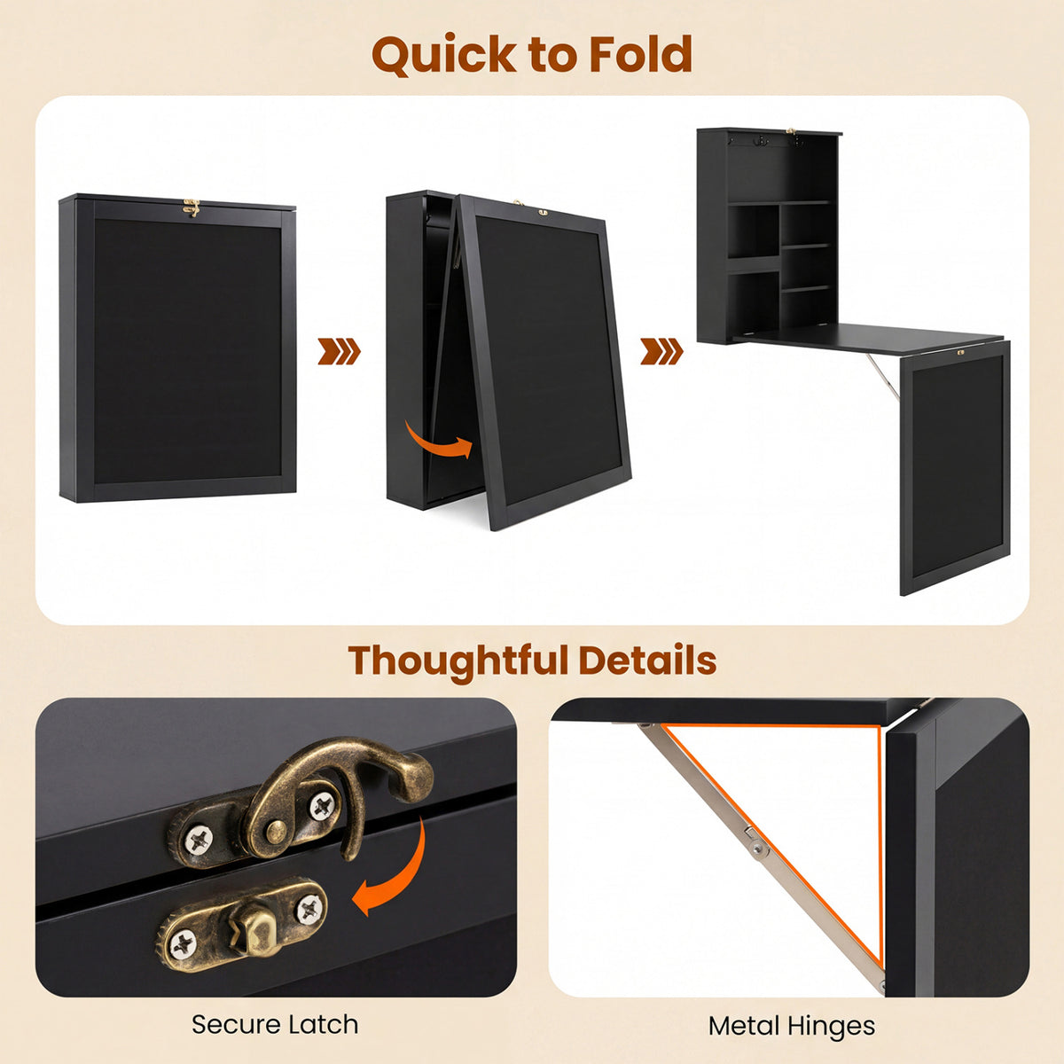 Wall-Mounted Folding Desk with Storage Cubes & Chalkboard - Black