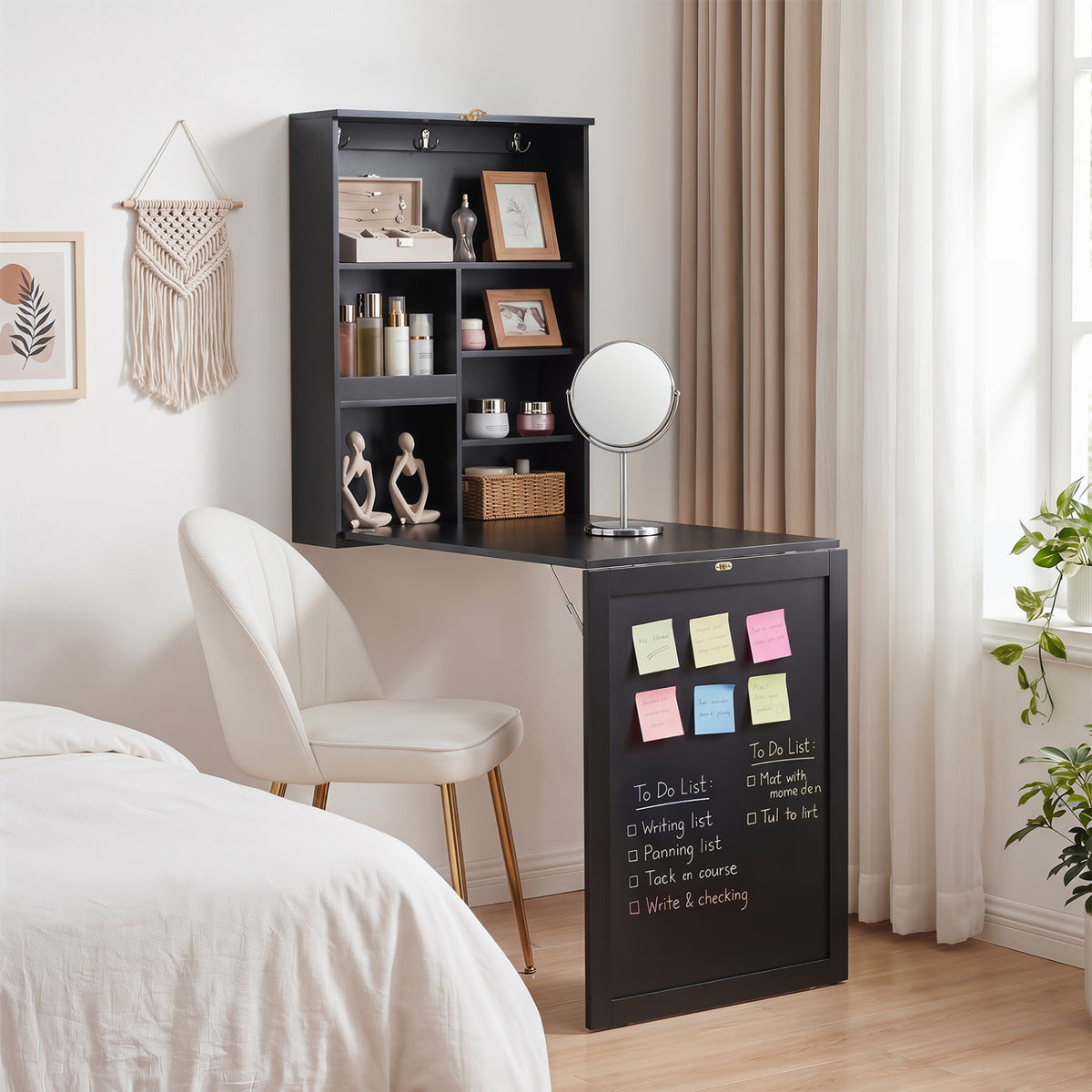 Wall-Mounted Folding Desk with Storage Cubes & Chalkboard - Black