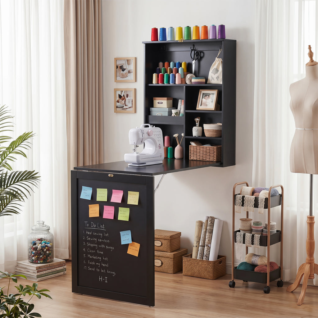 Wall-Mounted Folding Desk with Storage Cubes & Chalkboard - Black