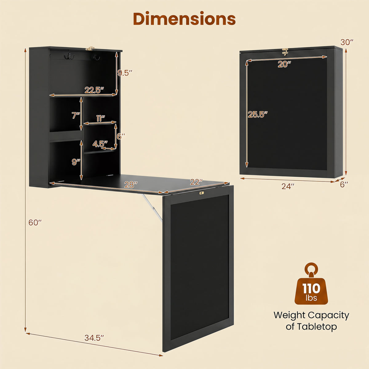 Wall-Mounted Folding Desk with Storage Cubes & Chalkboard - Black