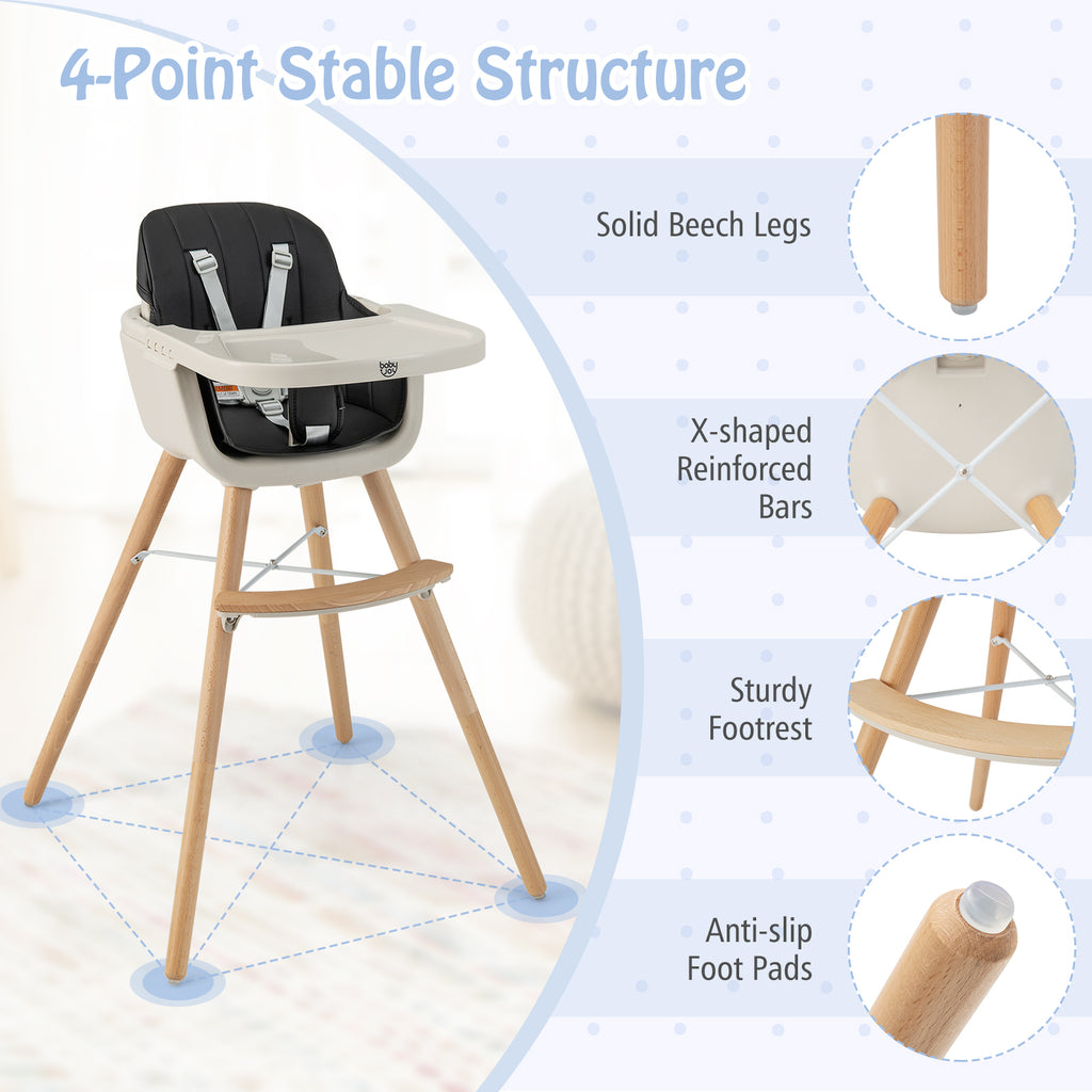 3-in-1 Wooden High Chair with Cushion - Convertible Baby Feeding Seat, Black - Variation of High Chair+Feeding Chair+Toddler Seat