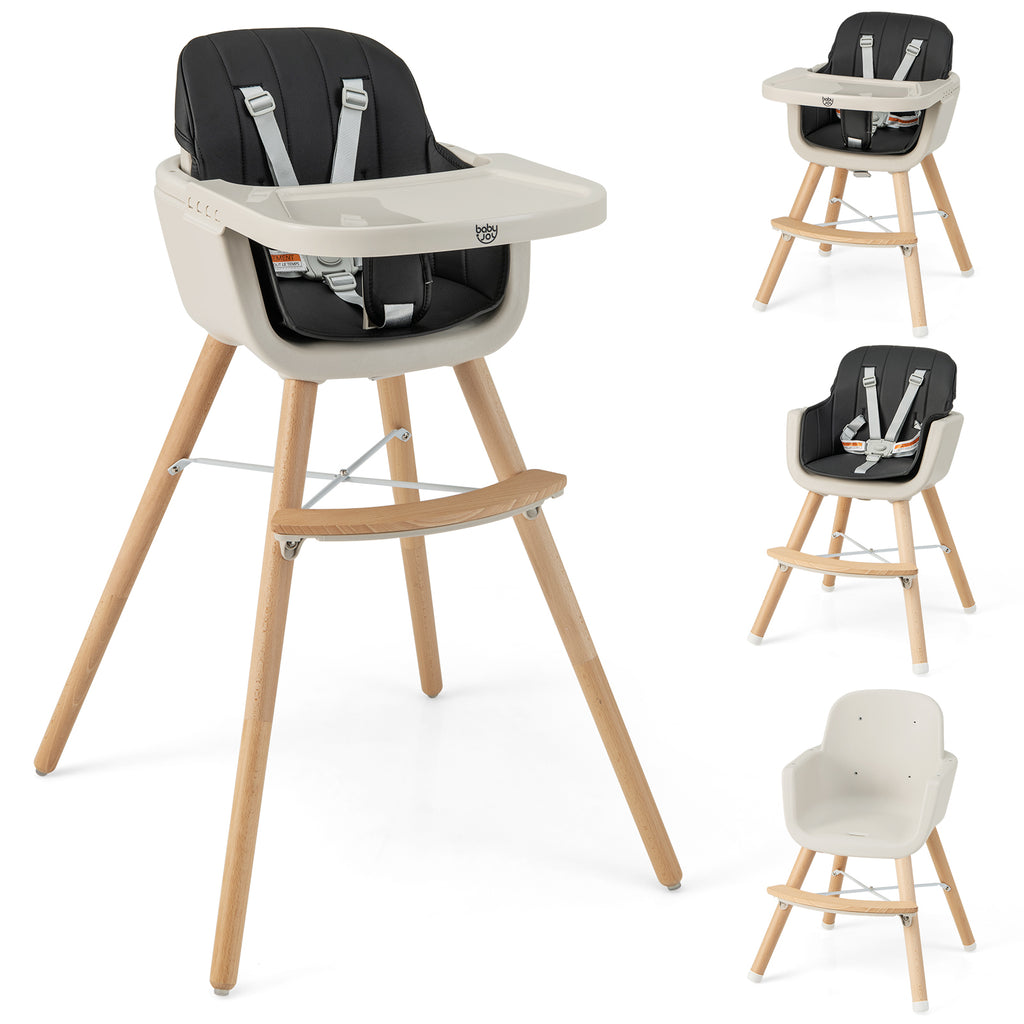 3-in-1 Wooden High Chair with Cushion - Convertible Baby Feeding Seat, Black - Variation of High Chair+Feeding Chair+Toddler Seat