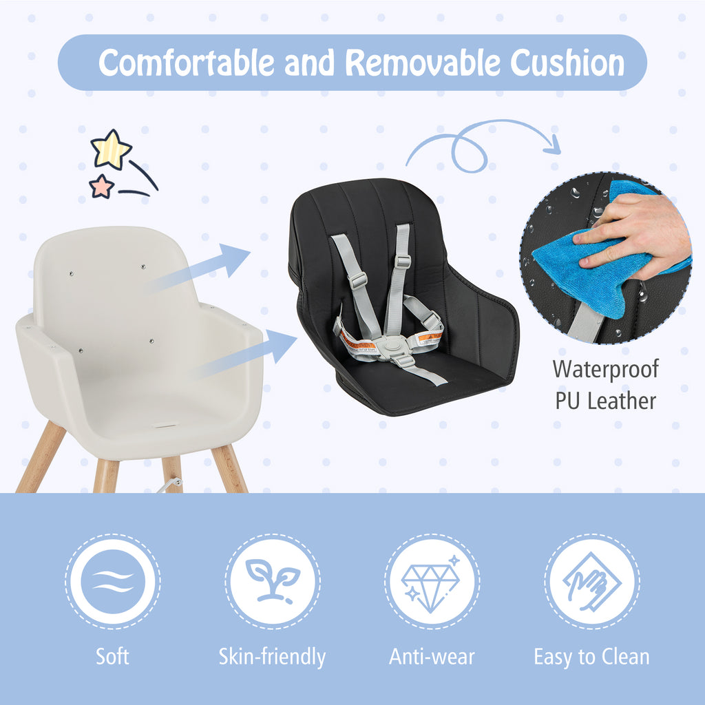 3-in-1 Wooden High Chair with Cushion - Convertible Baby Feeding Seat, Black - Variation of High Chair+Feeding Chair+Toddler Seat