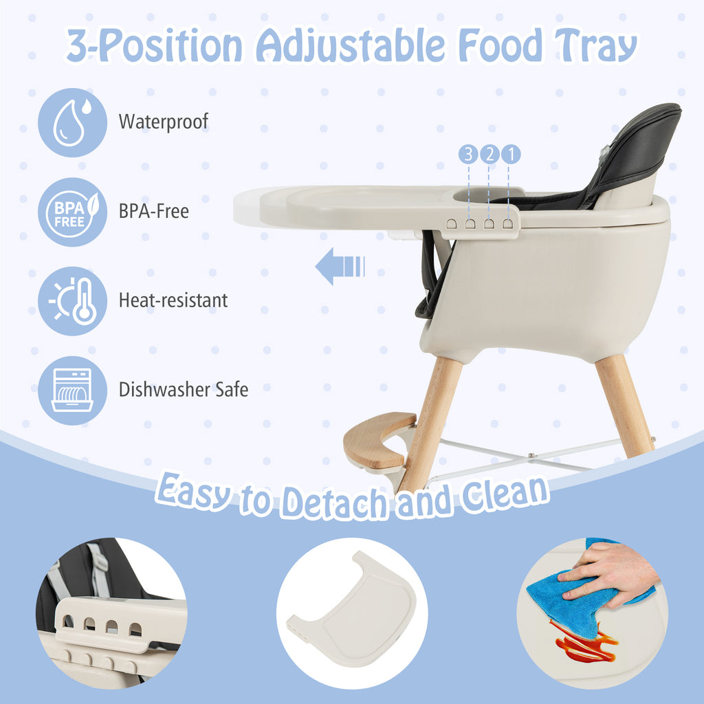 3-in-1 Wooden High Chair with Cushion - Convertible Baby Feeding Seat, Black - Variation of High Chair+Feeding Chair+Toddler Seat