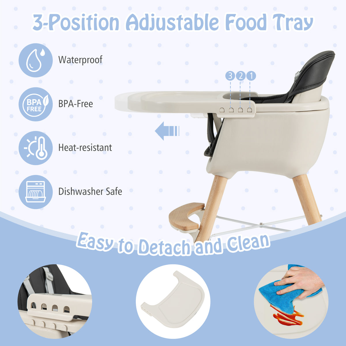 3-in-1 Wooden High Chair with Cushion - Convertible Baby Feeding Seat, Black - Variation of High Chair+Feeding Chair+Toddler Seat