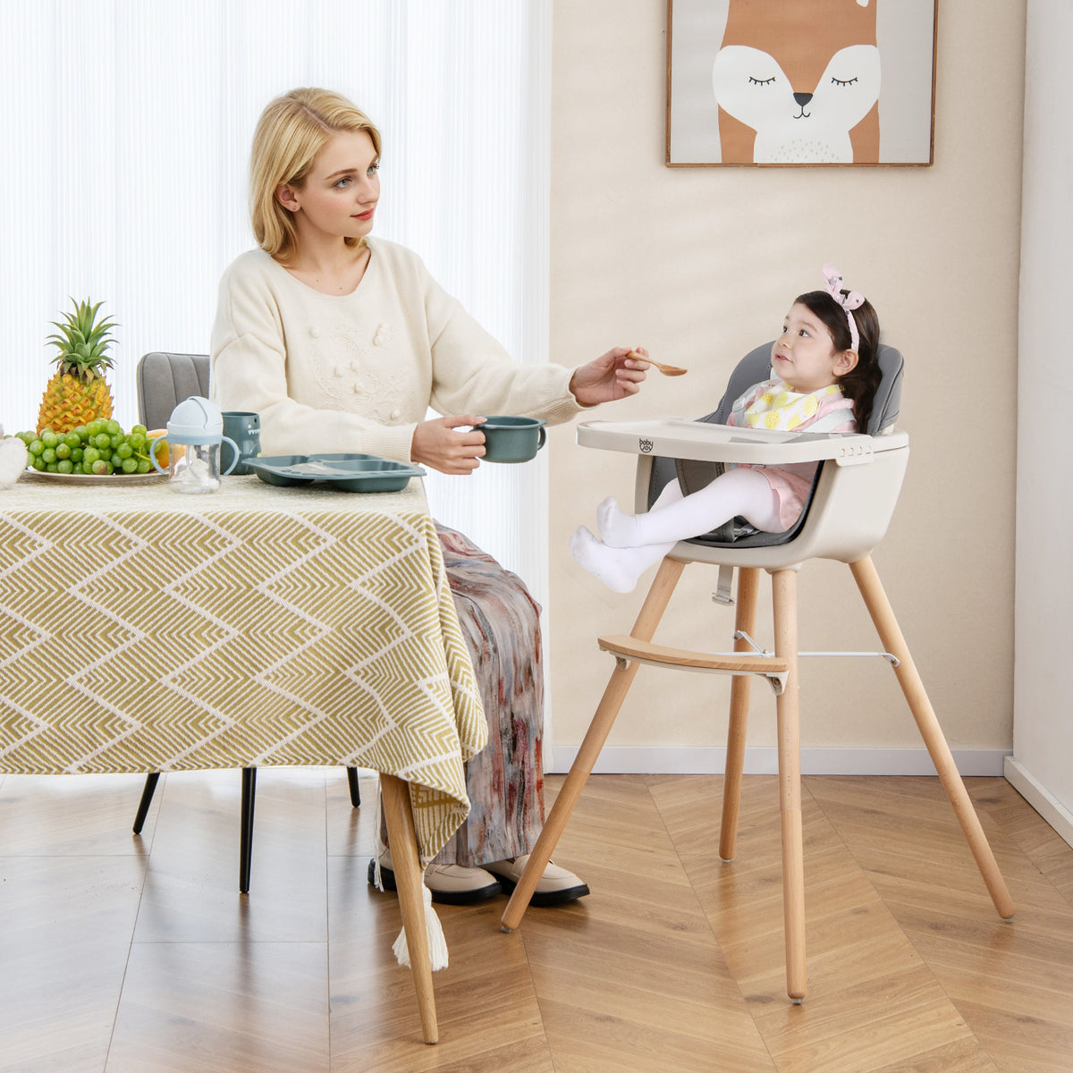 3-in-1 Convertible Wooden High Chair with Cushion - Toddler Seat & Feeding Chair, Light Gray
