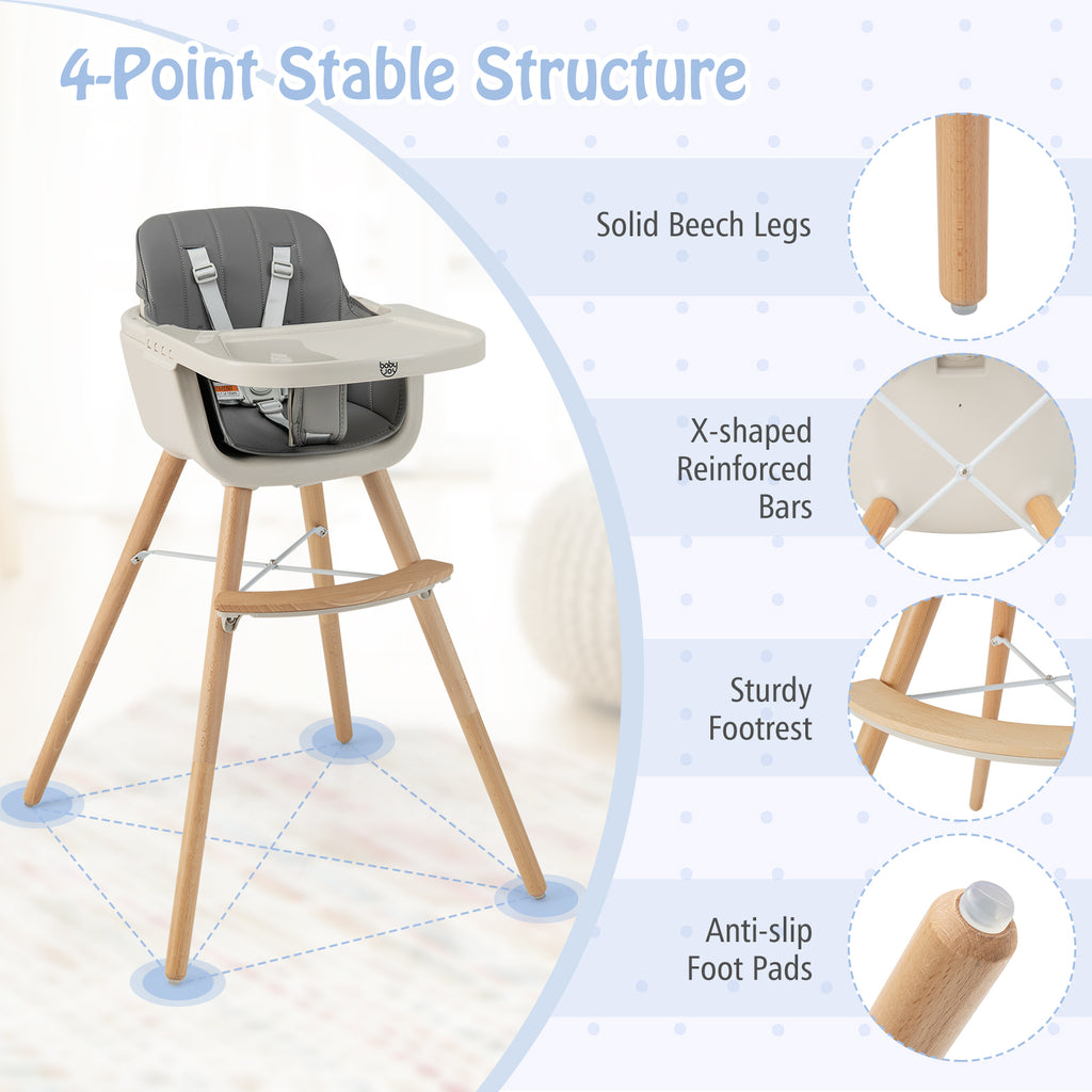 3-in-1 Convertible Wooden High Chair with Cushion - Toddler Seat & Feeding Chair, Light Gray