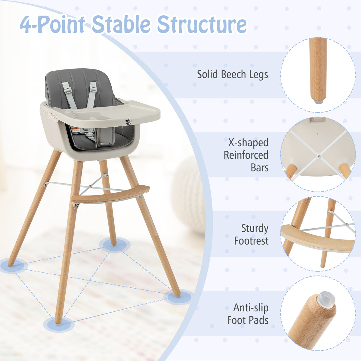3-in-1 Convertible Wooden High Chair with Cushion - Toddler Seat & Feeding Chair, Light Gray