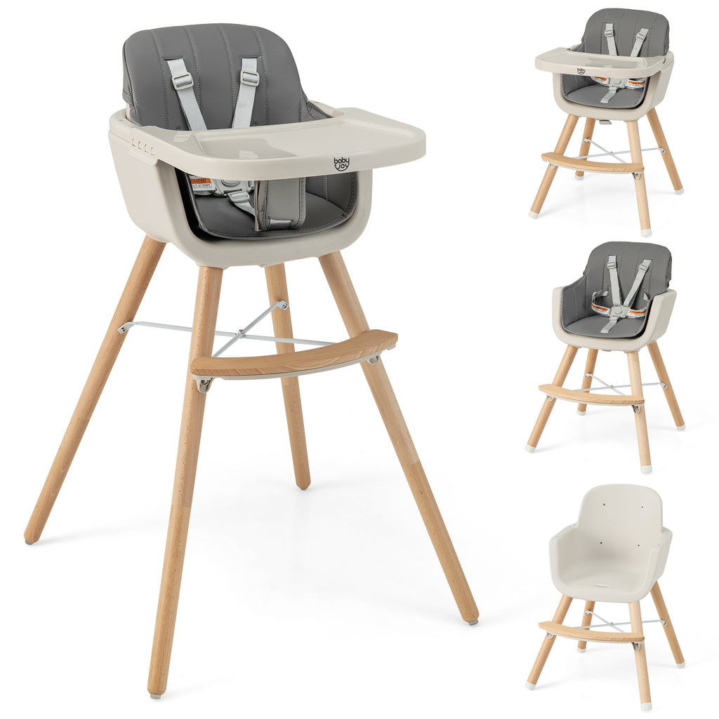 3-in-1 Convertible Wooden High Chair with Cushion - Toddler Seat & Feeding Chair, Light Gray