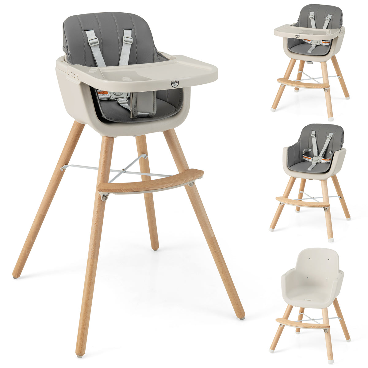 3-in-1 Convertible Wooden High Chair with Cushion - Toddler Seat & Feeding Chair, Light Gray