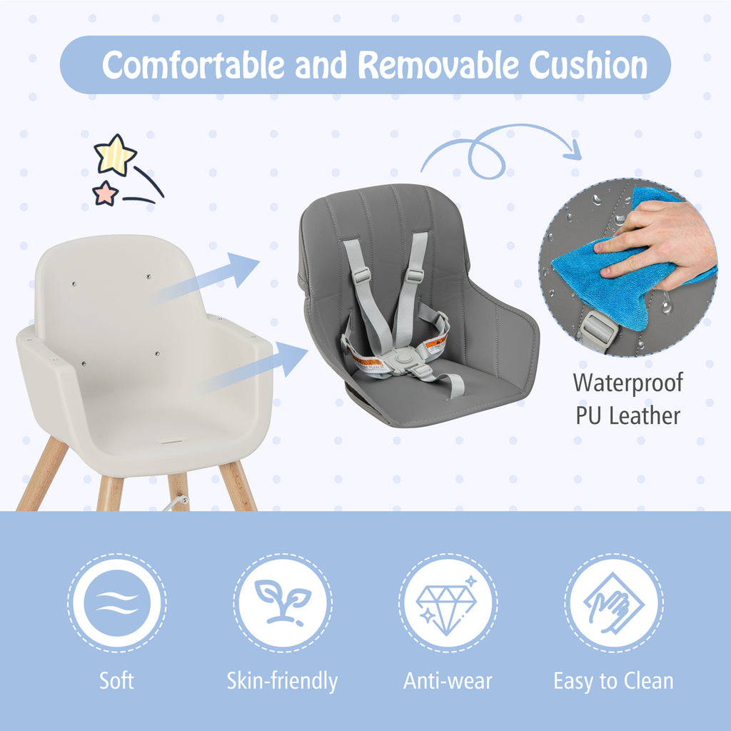 3-in-1 Convertible Wooden High Chair with Cushion - Toddler Seat & Feeding Chair, Light Gray