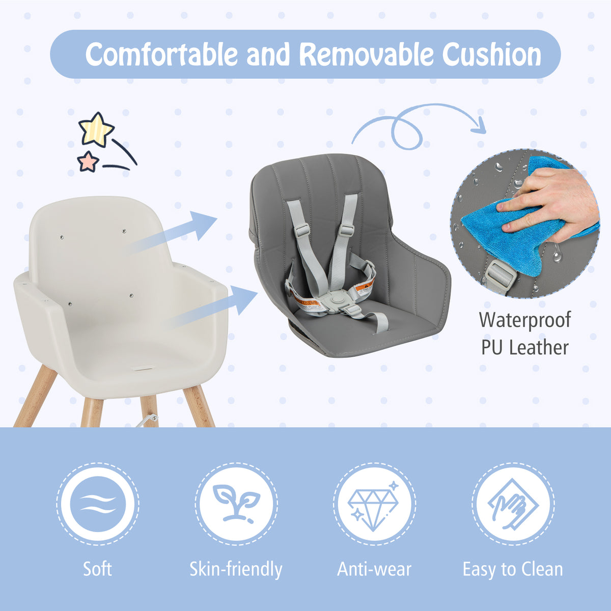 3-in-1 Convertible Wooden High Chair with Cushion - Toddler Seat & Feeding Chair, Light Gray