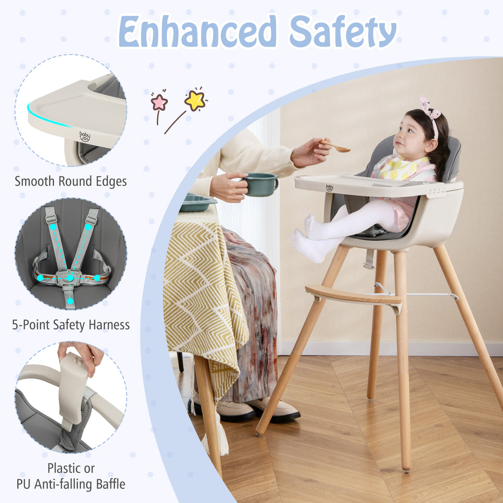 3-in-1 Convertible Wooden High Chair with Cushion - Toddler Seat & Feeding Chair, Light Gray