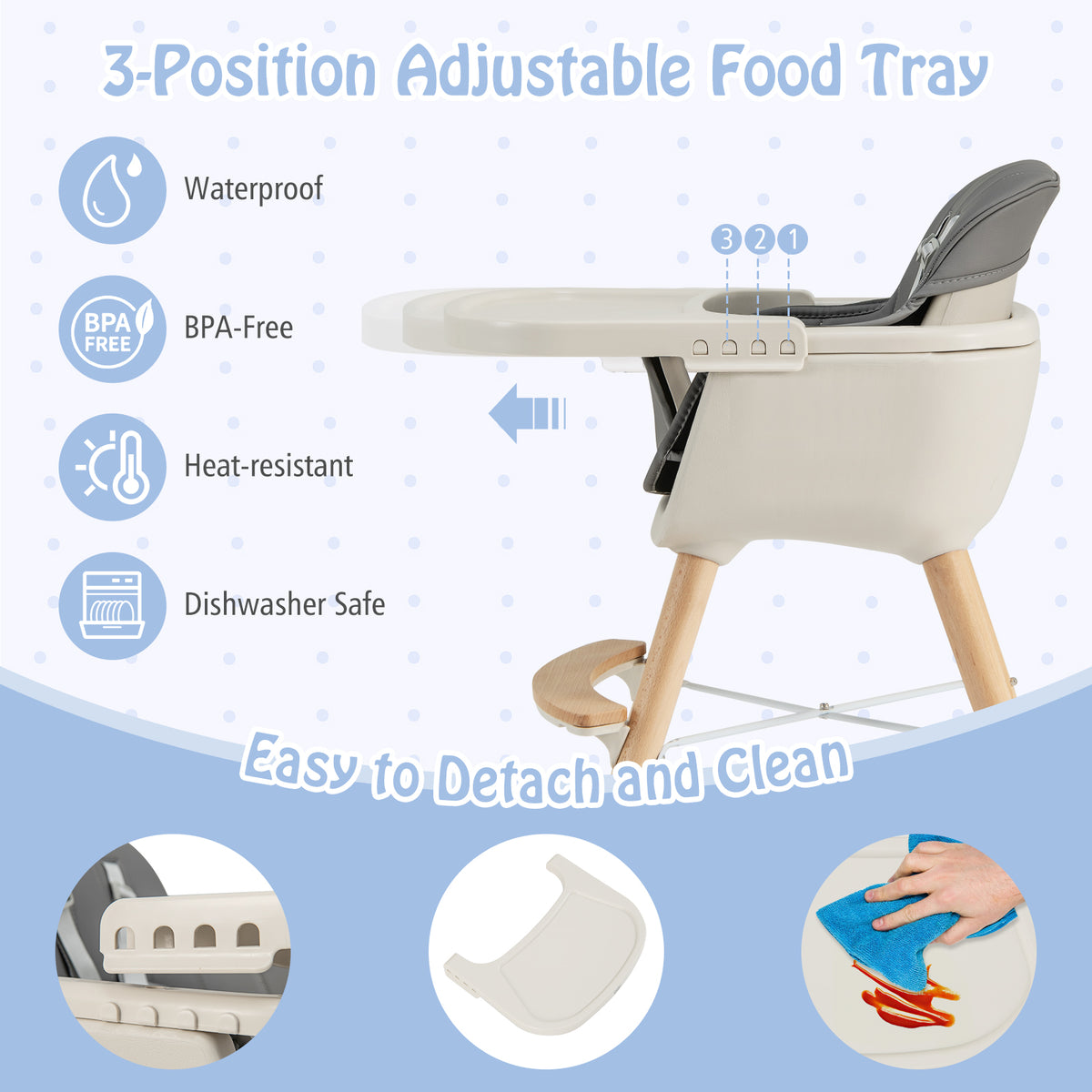 3-in-1 Convertible Wooden High Chair with Cushion - Toddler Seat & Feeding Chair, Light Gray