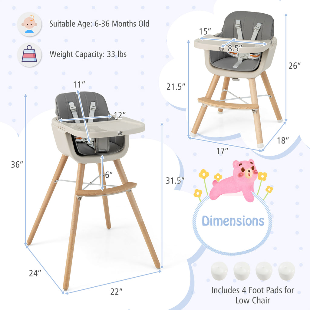 3-in-1 Convertible Wooden High Chair with Cushion - Toddler Seat & Feeding Chair, Light Gray